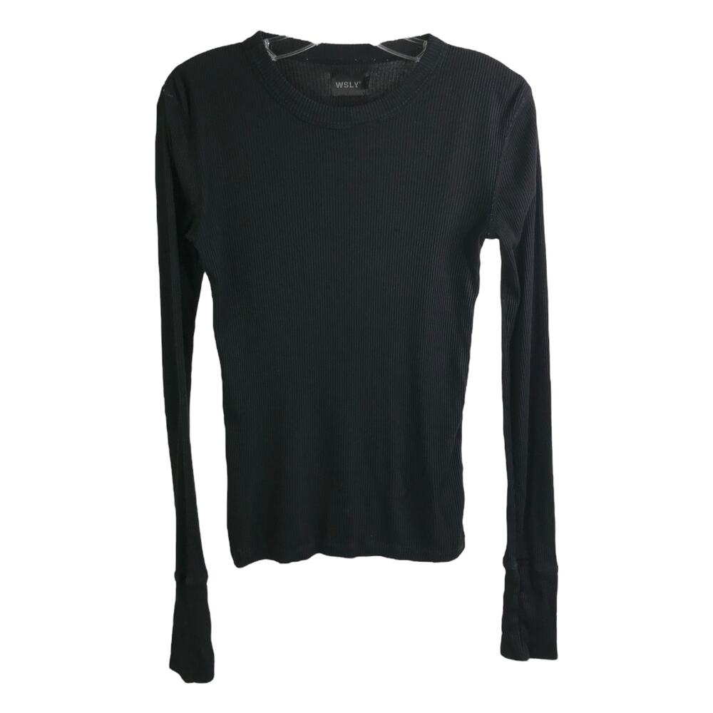WSLY Top Womens Size S Black‎ Ribbed Crew Neck long sleeve Pullover Thumbholes